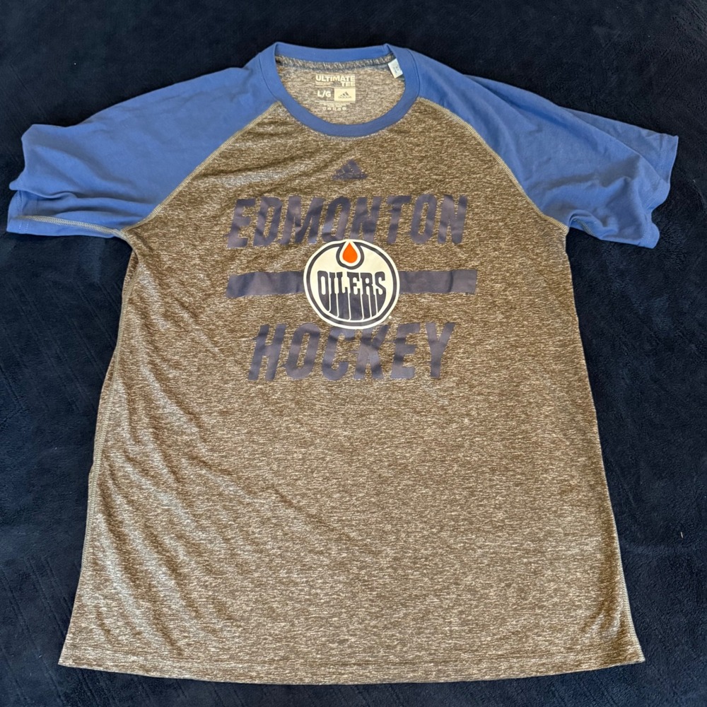 Adidas Edmonton Oilers Hockey Ultimate Tee Mens Large Grey Blue Climalite Shirt